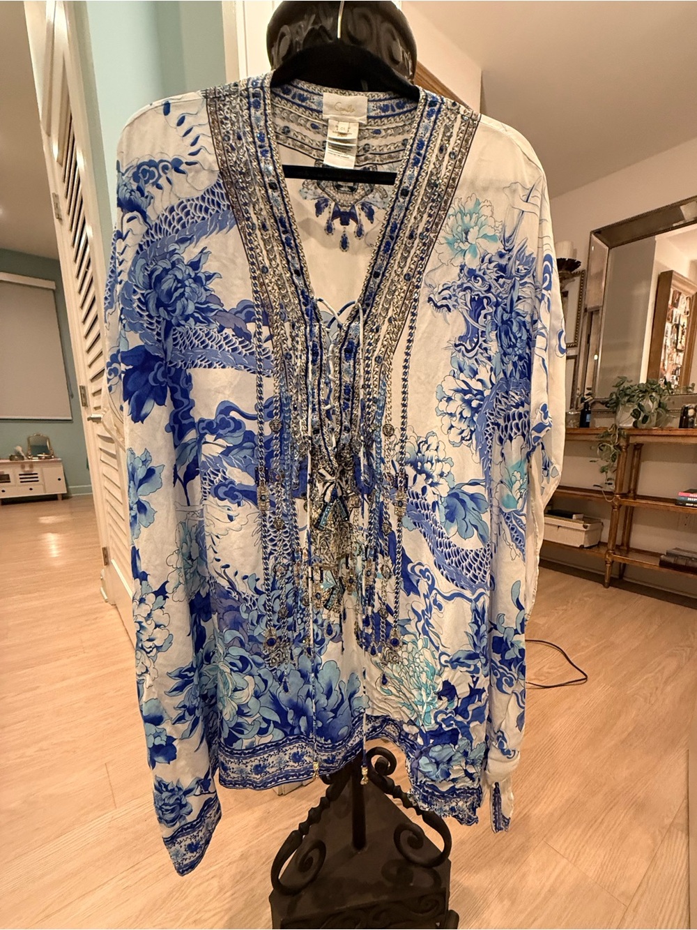 Camilla "Heart of a Dragon" Embellished Short Silk Lace up Kaftan